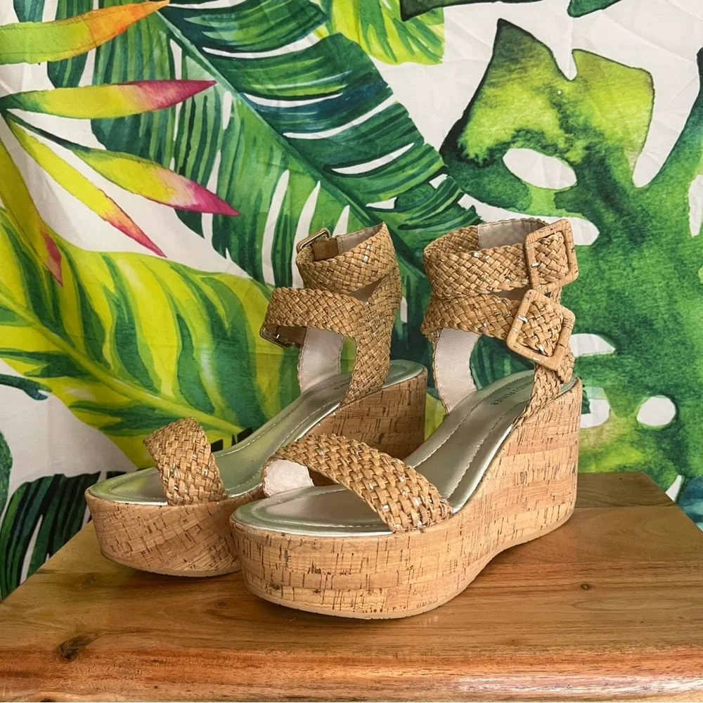 Donald J. Pliner 9.5M Tan Silver Metallic Double Buckle Cork Wedge Preppy Sandal